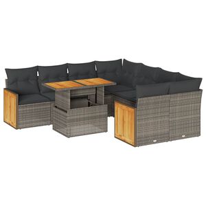 vidaXL 9 Piece Garden Sofa Set with Cushions Grey Poly Rattan Acacia