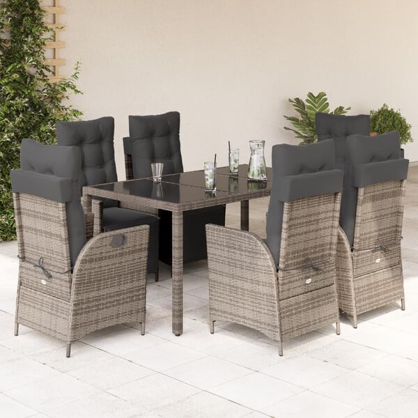 vidaXL 7 Piece Garden Dining Set with Cushions Grey Poly Rattan