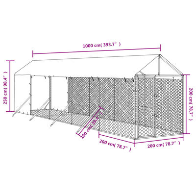 vidaXL Outdoor Dog Kennel with Roof Silver 2x10x2.5 m Galvanised Steel