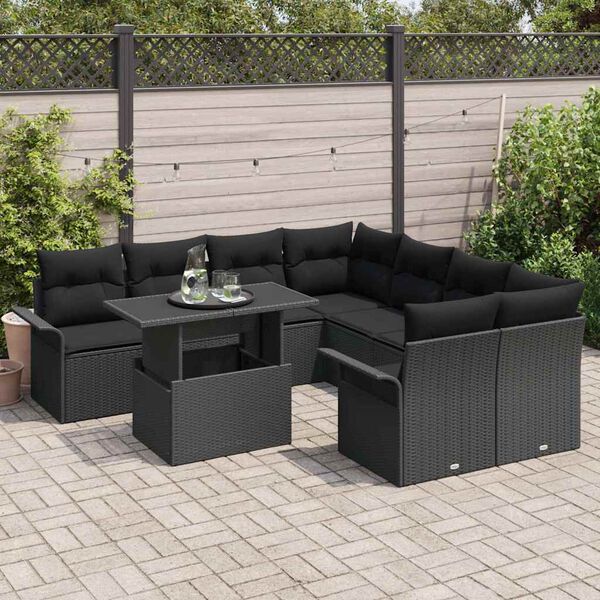 vidaXL Garden Sofa Set with Cushion 9 pcs Black Poly rattan