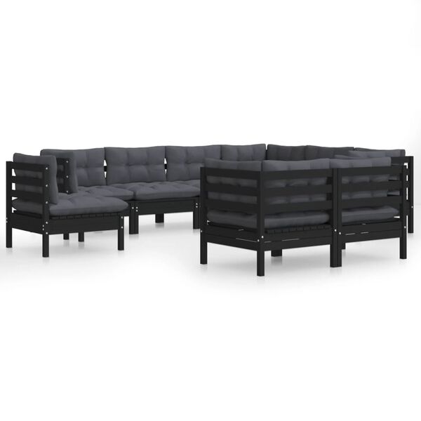 vidaXL 9 Piece Garden Lounge Set with Cushions Black Solid Pinewood