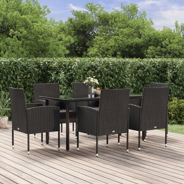 vidaXL 7 Piece Garden Dining Set with Cushions Black Poly Rattan