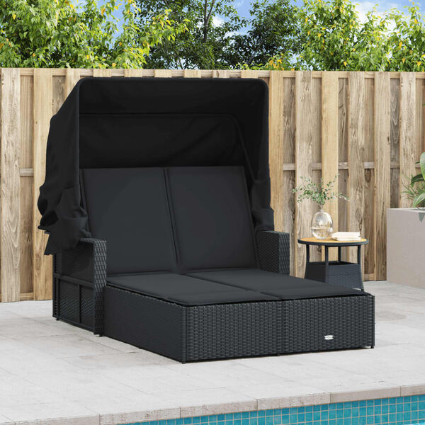 vidaXL Double Sun Lounger with Canopy and Cushions Black Poly Rattan