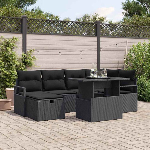 vidaXL Garden Sofa Set with Cushion 7 pcs Black Poly rattan
