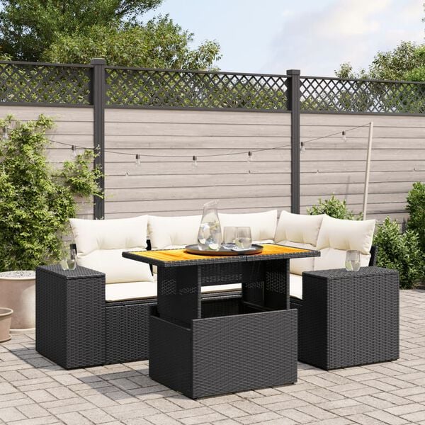 vidaXL 5 Piece Garden Sofa Set with Cushions Black Poly Rattan