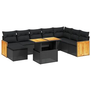vidaXL 9 Piece Garden Sofa Set with Cushions Black Poly Rattan Acacia