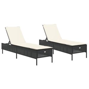 vidaXL Sun Loungers with Cushions 2 pcs Black Poly Rattan