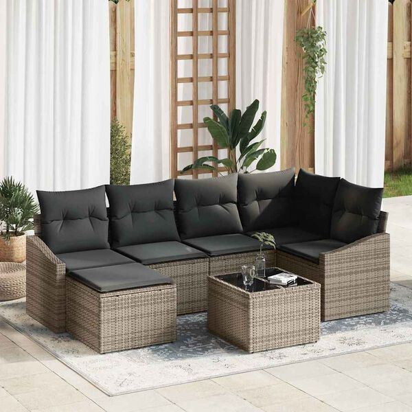 vidaXL Sofa Set with Cushion 7 pcs Grey Poly Rattan