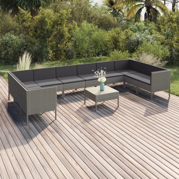 vidaXL 11 Piece Garden Lounge Set with Cushions Poly Rattan Grey