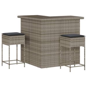 vidaXL 3 Piece Garden Bar Set with Cushions Grey Poly Rattan