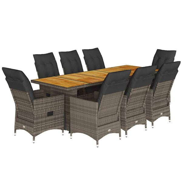 vidaXL 9 Piece Garden Bistro Set with Cushions Grey Poly Rattan