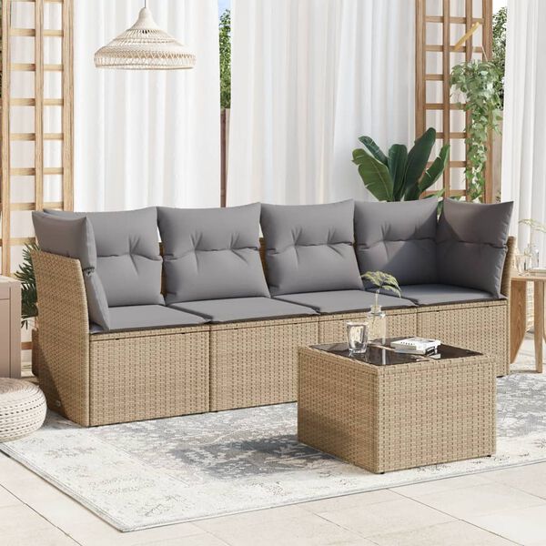 vidaXL 5 Piece Garden Sofa Set with Cushions Beige Poly Rattan
