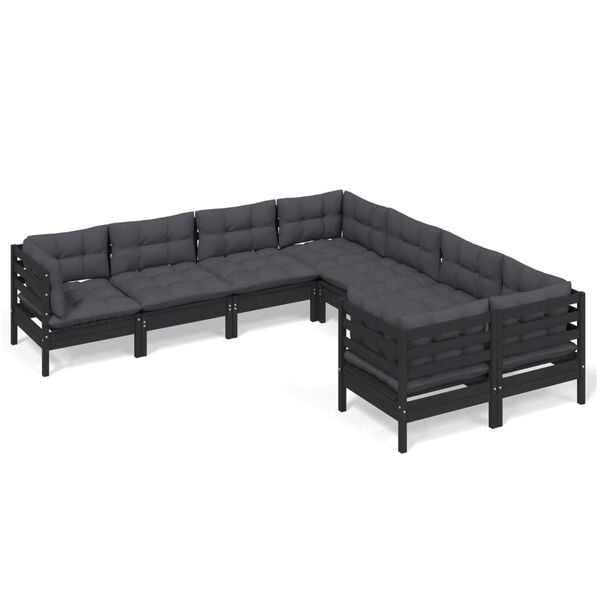 vidaXL 8 Piece Garden Lounge Set with Cushions Black Solid Pinewood