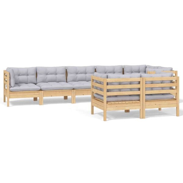 vidaXL 8 Piece Garden Lounge Set with Grey Cushions Solid Pinewood