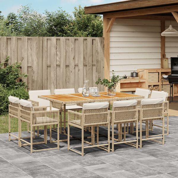 vidaXL 11 Piece Garden Dining Set with Cushions Beige Poly Rattan