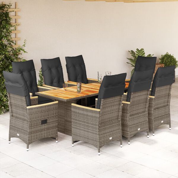 vidaXL 9 Piece Garden Bistro Set with Cushions Grey Poly Rattan