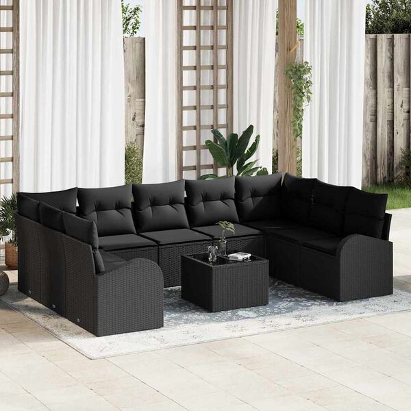 vidaXL Sofa Set with Cushion 10 pcs Black Poly Rattan
