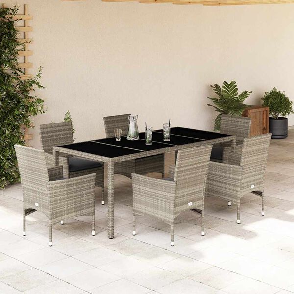 vidaXL 7 Piece Garden Dining Set with Cushions Light Grey Poly Rattan and Glass