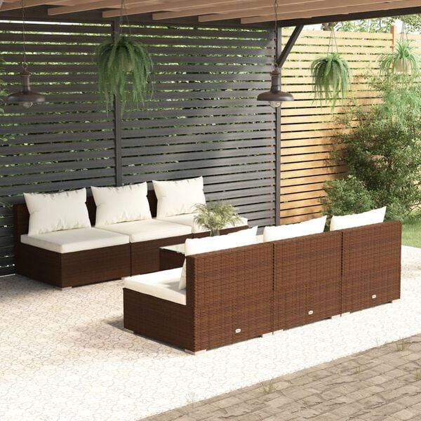 vidaXL 7 Piece Garden Lounge Set with Cushions Poly Rattan Brown