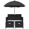 vidaXL Garden Sofa 2-Seater with Parasol and Stools Black Poly Rattan