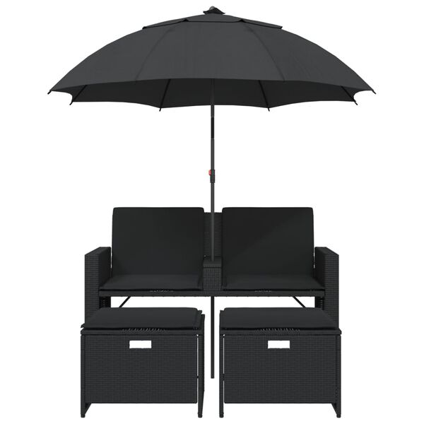 vidaXL Garden Sofa 2-Seater with Parasol and Stools Black Poly Rattan