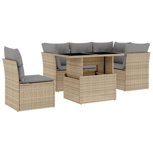 vidaXL 6 Piece Garden Sofa Set with Cushions Beige Poly Rattan
