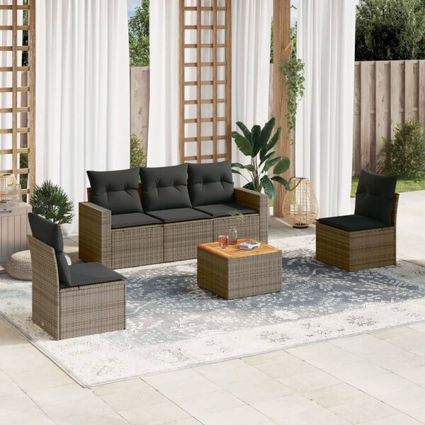 vidaXL 6 Piece Garden Sofa Set with Cushions Grey Poly Rattan