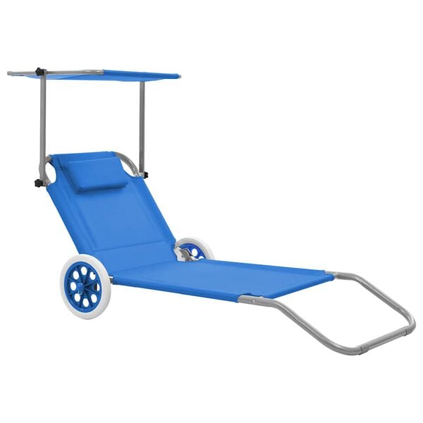 vidaXL Folding Sun Lounger with Canopy and Wheels Steel Blue