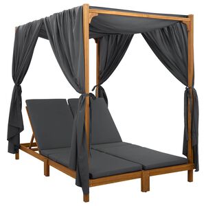 vidaXL Double Sun Lounger with Canopy and Curtains Solid Acacia Wood
