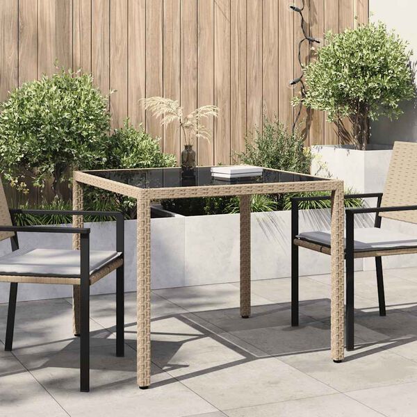 vidaXL Garden Table 90x90x75 cm Tempered Glass and Poly Rattan Beige