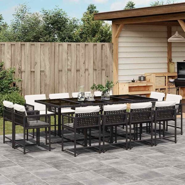 vidaXL 13 Piece Garden Dining Set with Cushions Black Poly Rattan