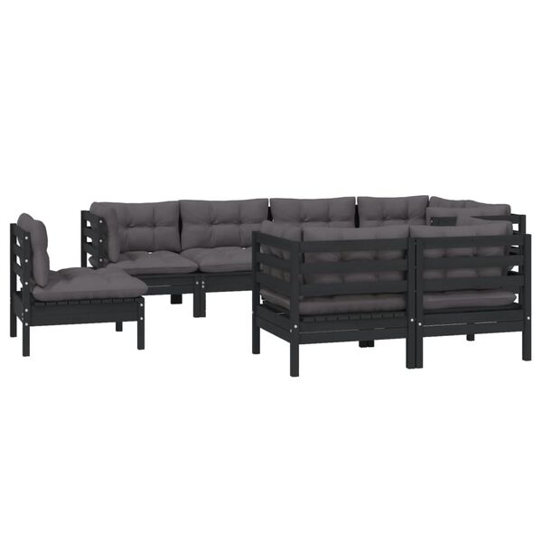 vidaXL 8 Piece Garden Lounge Set with Cushions Black Solid Pinewood