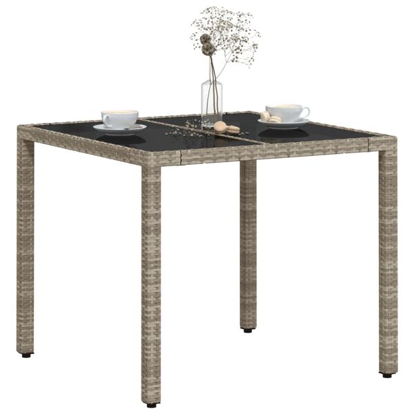 vidaXL Garden Table with Glass Top Light Grey 90x90x75 cm Poly Rattan