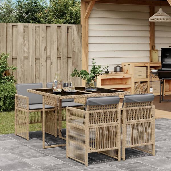 vidaXL 5 Piece Garden Dining Set with Cushions Mix Beige Poly Rattan