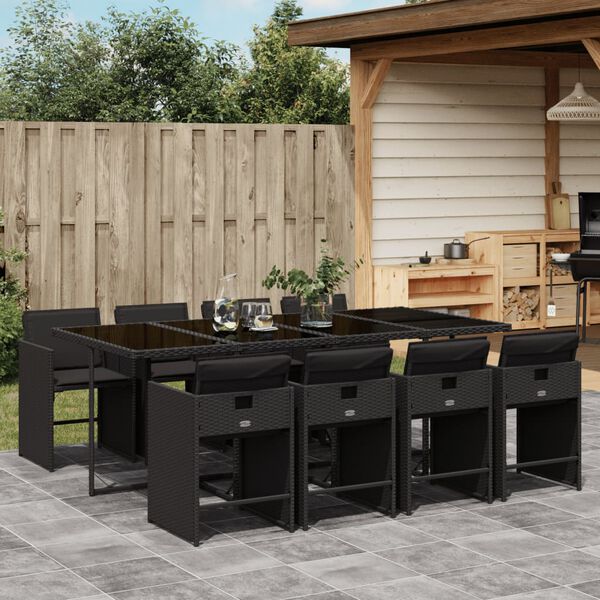 vidaXL 9 Piece Garden Dining Set with Cushions Black Poly Rattan