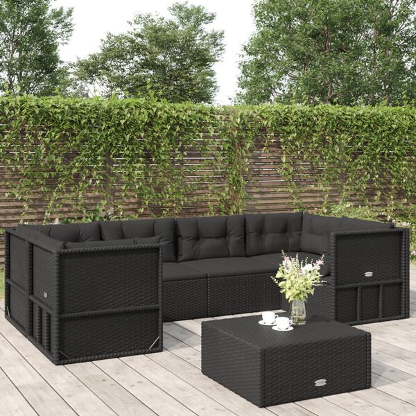 vidaXL 6 Piece Outdoor Sofa Set with Cushions Black Poly Rattan