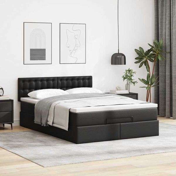 vidaXL Ottoman Bed with Mattress Black Queen Faux Leather