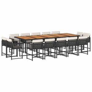 vidaXL 15 Piece Garden Dining Set with Cushions Black Poly Rattan