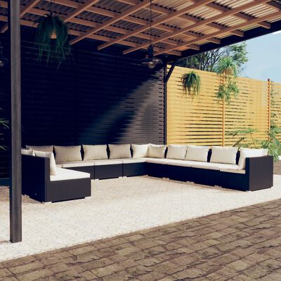 vidaXL 11 Piece Garden Lounge Set with Cushions Black Poly Rattan