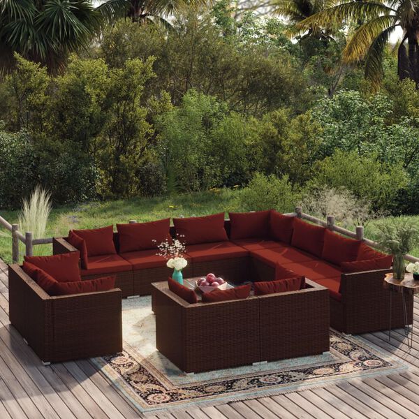 vidaXL 12 Piece Garden Lounge Set with Cushions Brown Poly Rattan