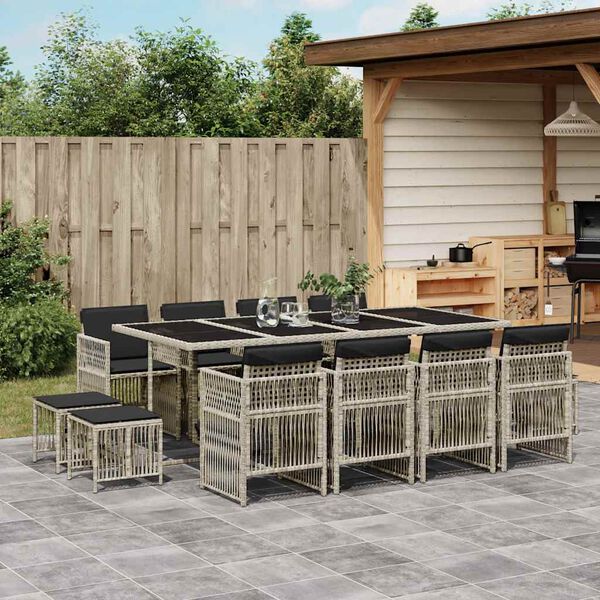vidaXL 13 Piece Garden Dining Set with Cushions Light Grey Poly Rattan
