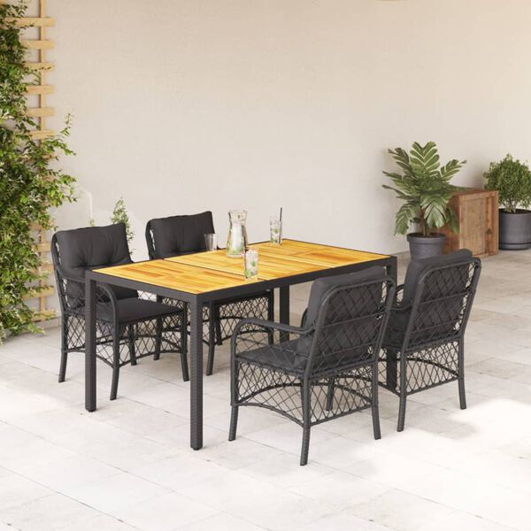 vidaXL 5 Piece Garden Dining Set with Cushions Black Poly Rattan