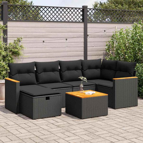vidaXL 7 Piece Garden Sofa Set with Cushions Black Poly Rattan