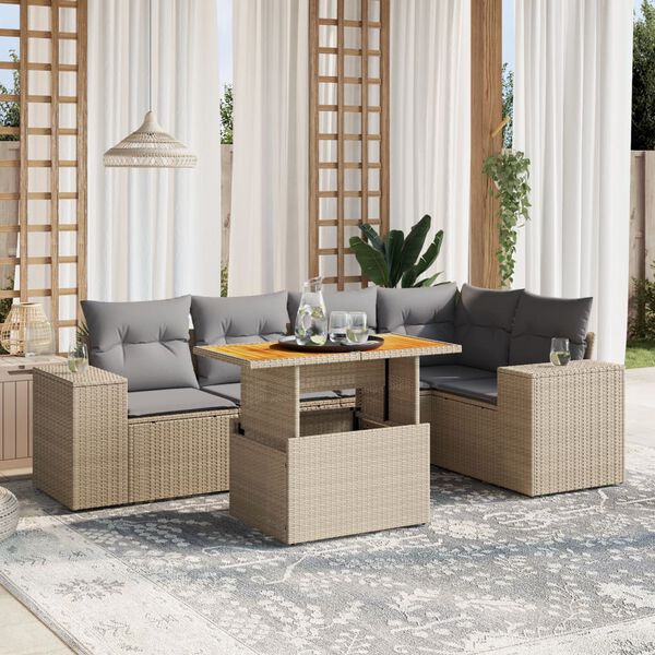 vidaXL 6 Piece Garden Sofa Set with Cushions Beige Poly Rattan