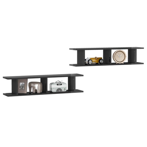 vidaXL Wall Shelf 2 pcs High Gloss Grey 90x18x20 cm Engineered Wood