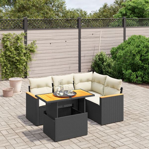 vidaXL 5 Piece Garden Sofa Set with Cushions Black Poly Rattan