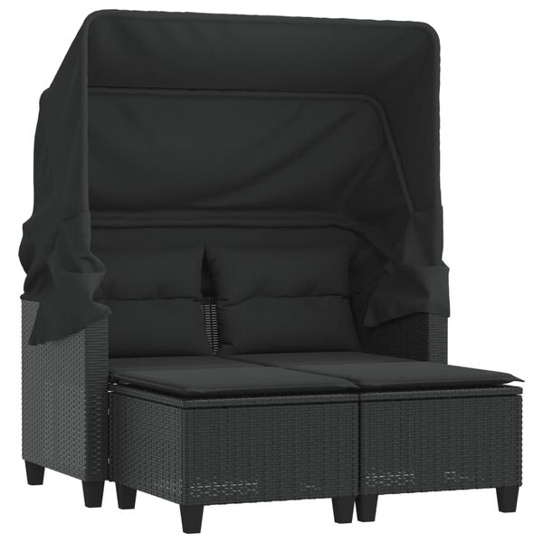 vidaXL Garden Sofa 2-Seater with Canopy and Stools Black Poly Rattan