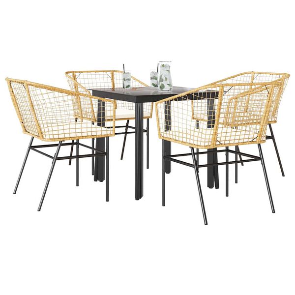vidaXL 5 Piece Garden Dining Set with Cushions Brown Poly Rattan Glass