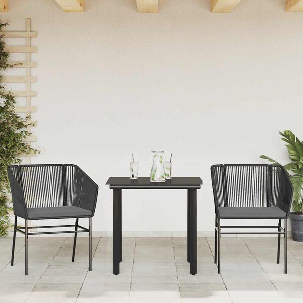 vidaXL 3 Piece Garden Dining Set with Cushions Black Poly Rattan Glass
