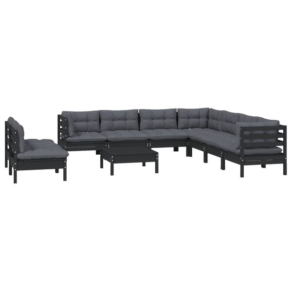 vidaXL 10 Piece Garden Lounge Set with Cushions Black Solid Pinewood